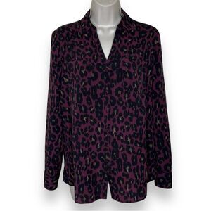 Talbots Berry Black Tan Animal Print Button Front Shirt Long Sleeve Women Medium
